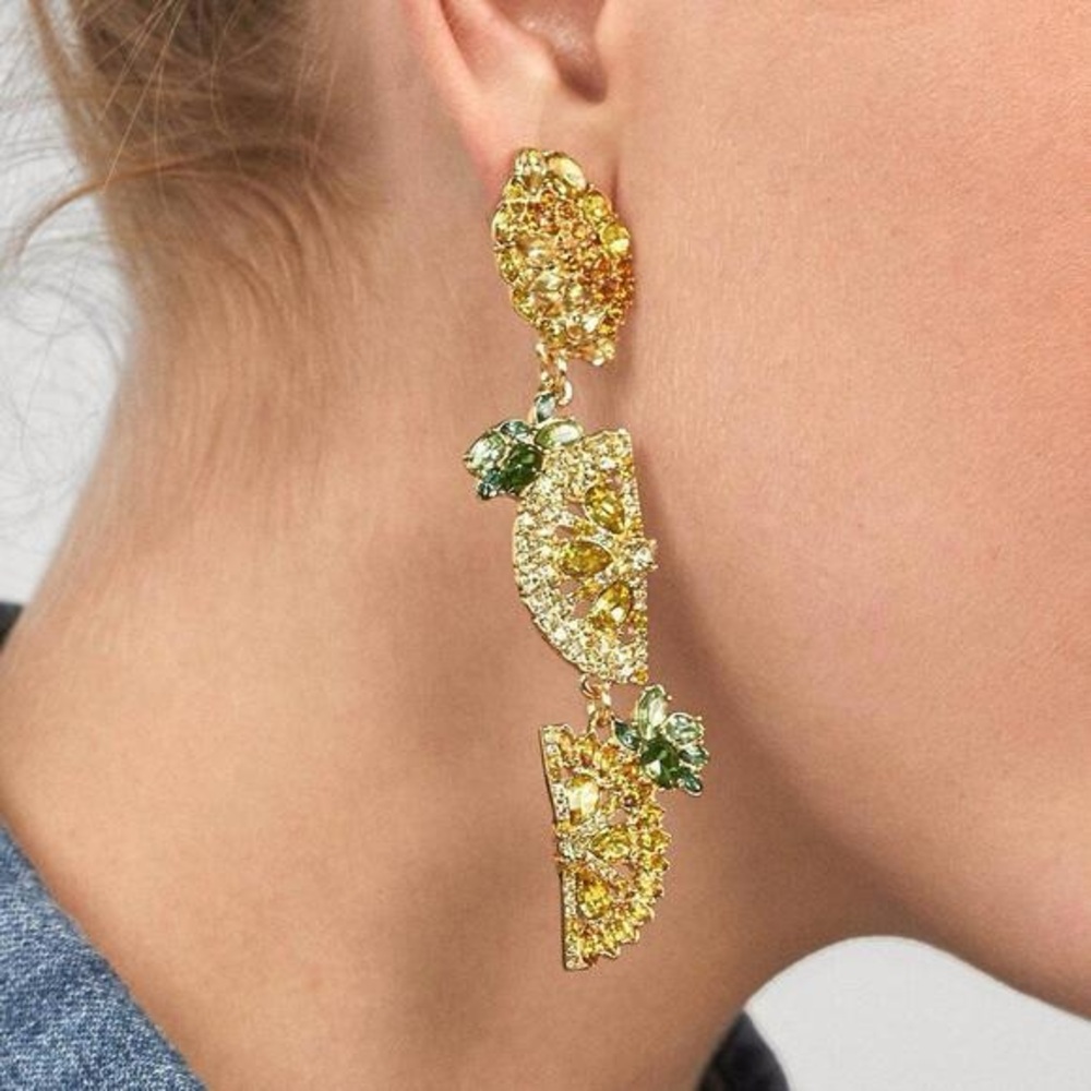 BaubleBar Lemon Drop Earrings Gold Pavé Crystal Citrus Fruit Statement Tiered